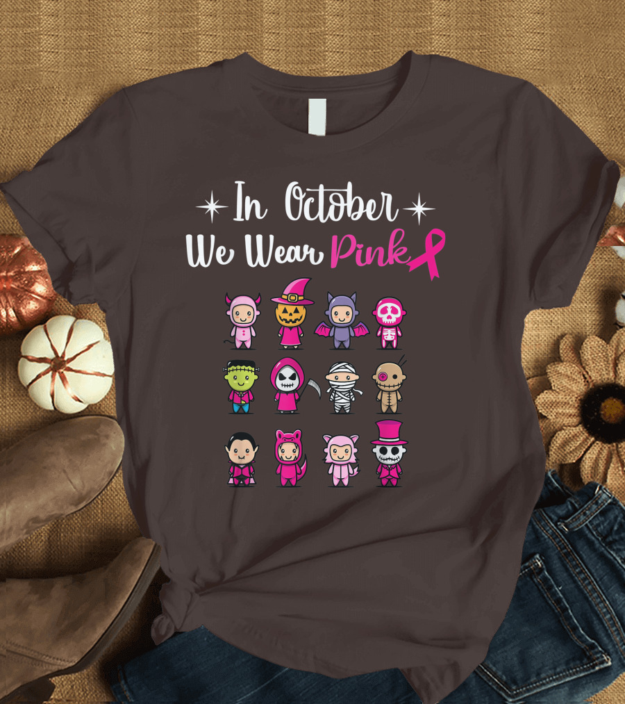 In October We Wear Pink Breast Cancer Awareness Halloween Characters T-Shirt