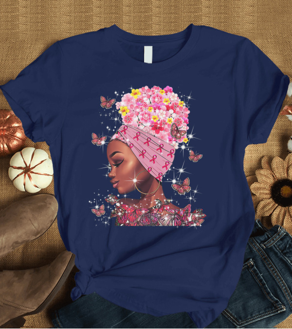 T-Shirt: In October We Wear Pink Black Flowers Butterflies Ribbons T-Shirt In October We Wear Pink Black Flowers Butterflies Ribbons T-Shirt