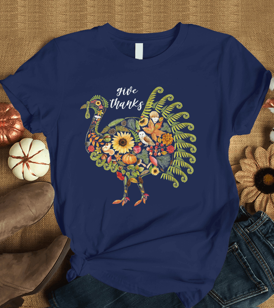 Give Thanks Vintage Autumn Botanical Turkey Thanksgiving T-Shirt