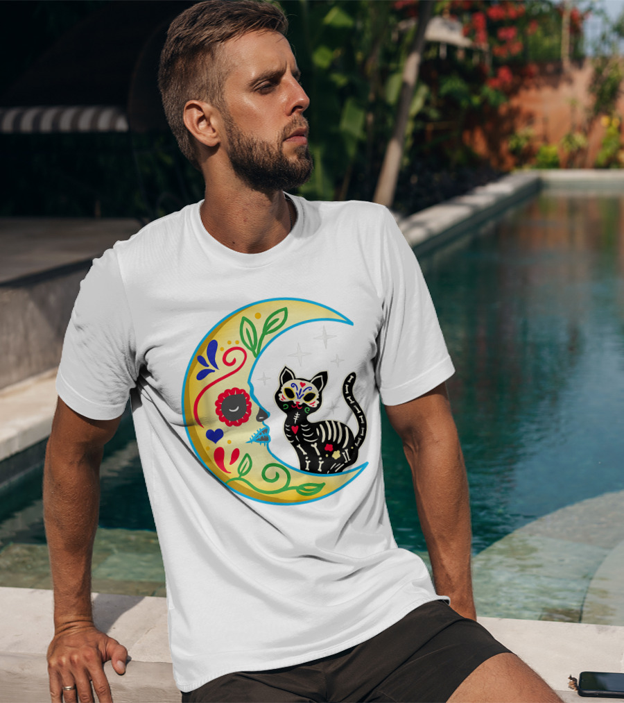 Cat And Moon Sugar Skull Dia De Los Muertos Day Of The Dead Mexican Festival T-Shirt