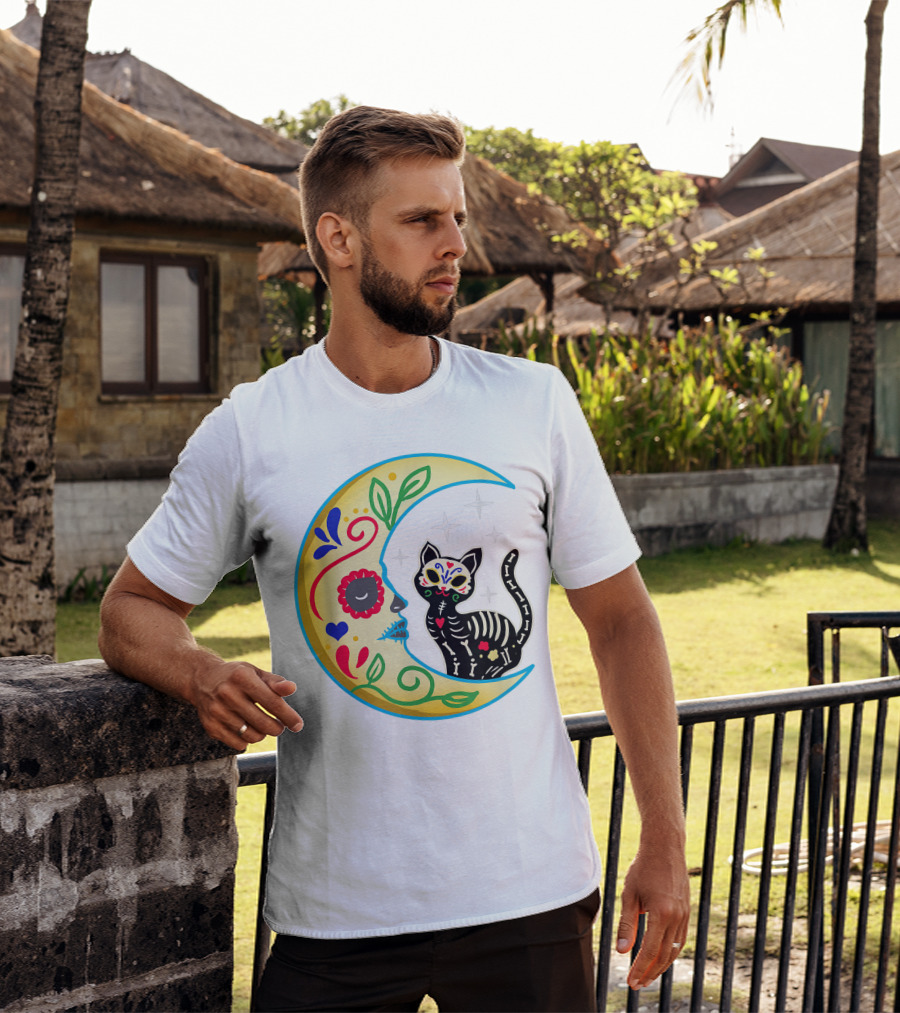 Cat And Moon Sugar Skull Dia De Los Muertos Day Of The Dead Mexican Festival T-Shirt