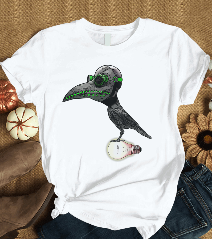 Bird in Plague Doctor Mask Perched on Light Bulb T-Shirt