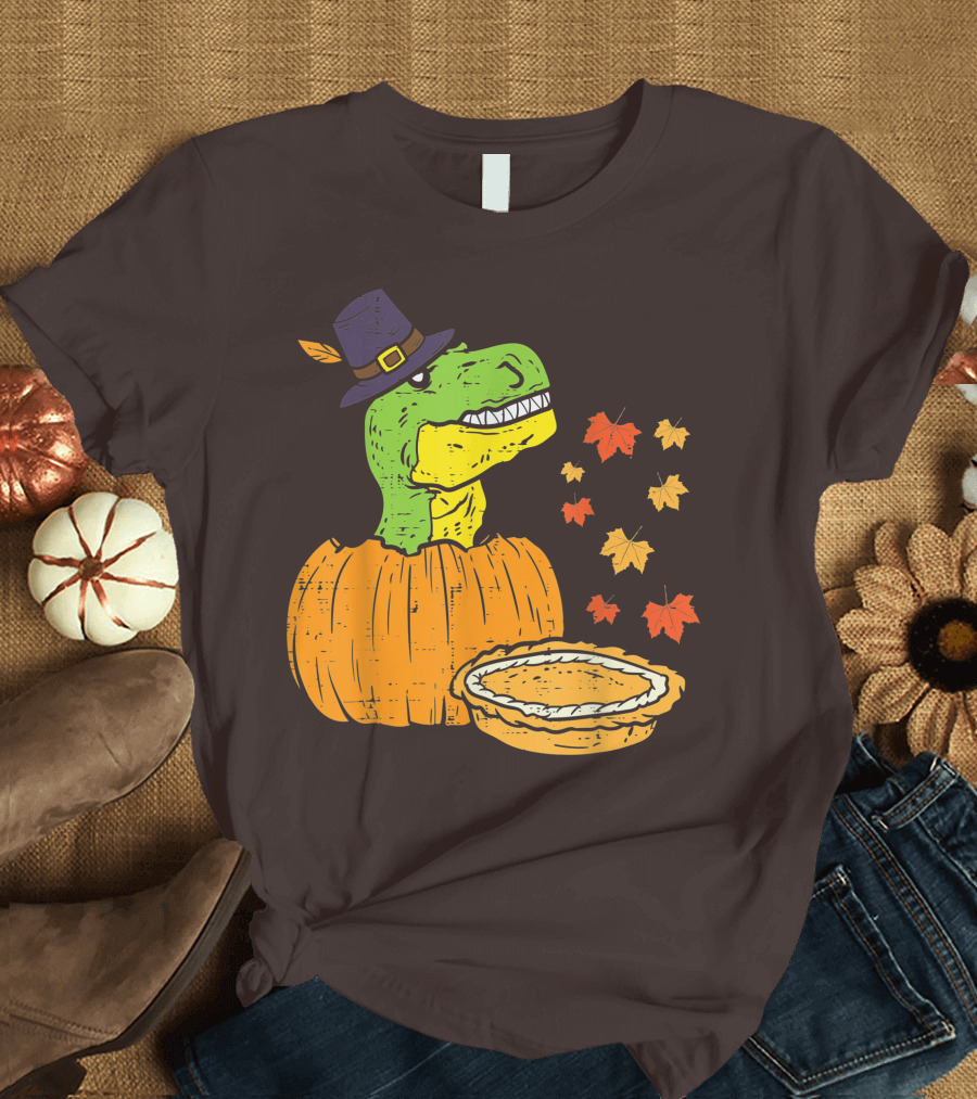 Pilgrim Trex Dinosaur Pumpkin Leaves Pie T-Shirt