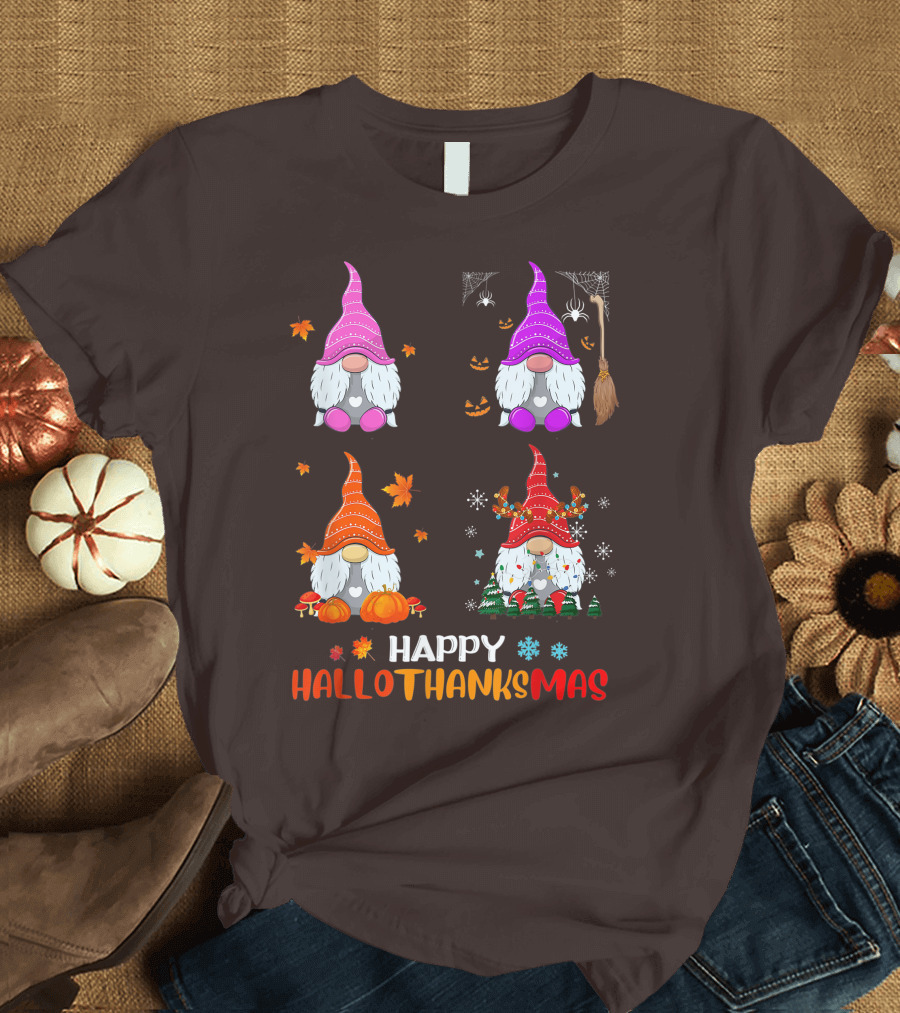 Happy Hallothanksmas Gnome Halloween Thanksgiving Christmas T-Shirt