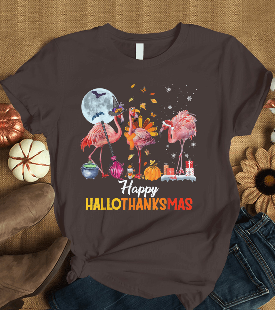 Happy Hallothanksmas Flamingo Halloween Merry Christmas T-Shirt