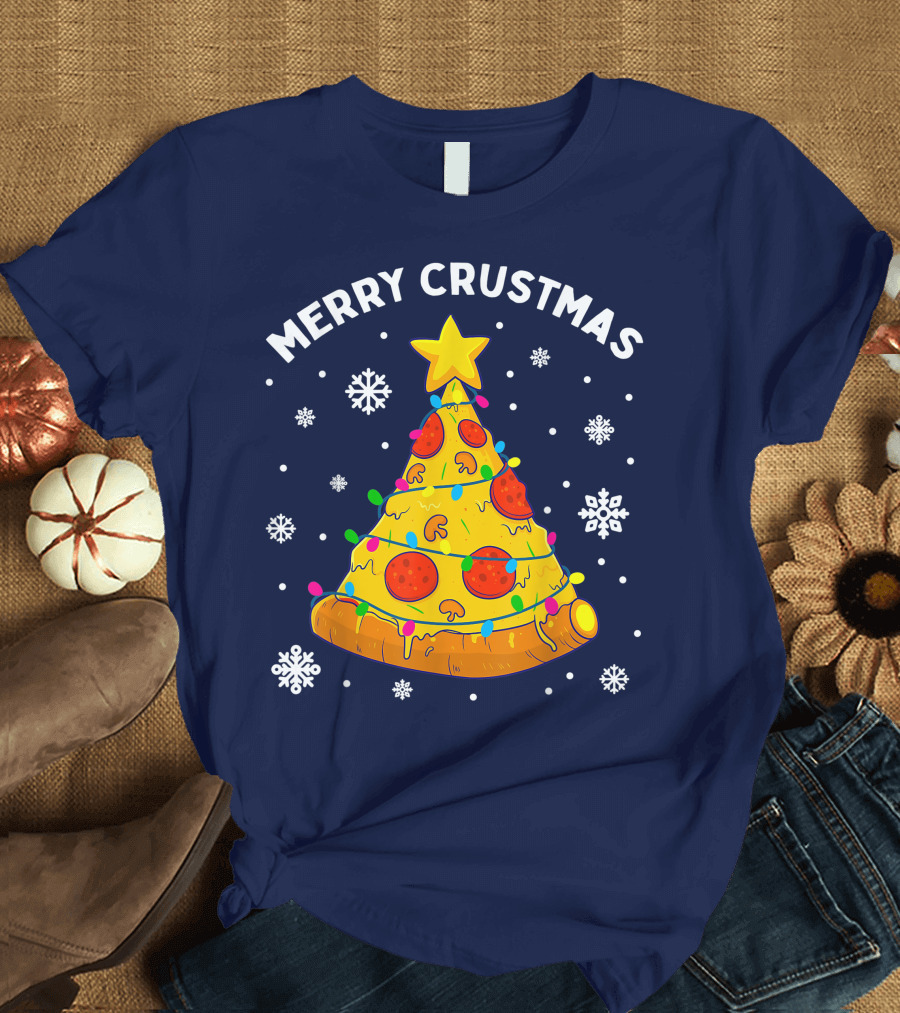 Merry Crustmas Pizza Christmas Tree with Cheese Garland and Snowflakes T-Shirt