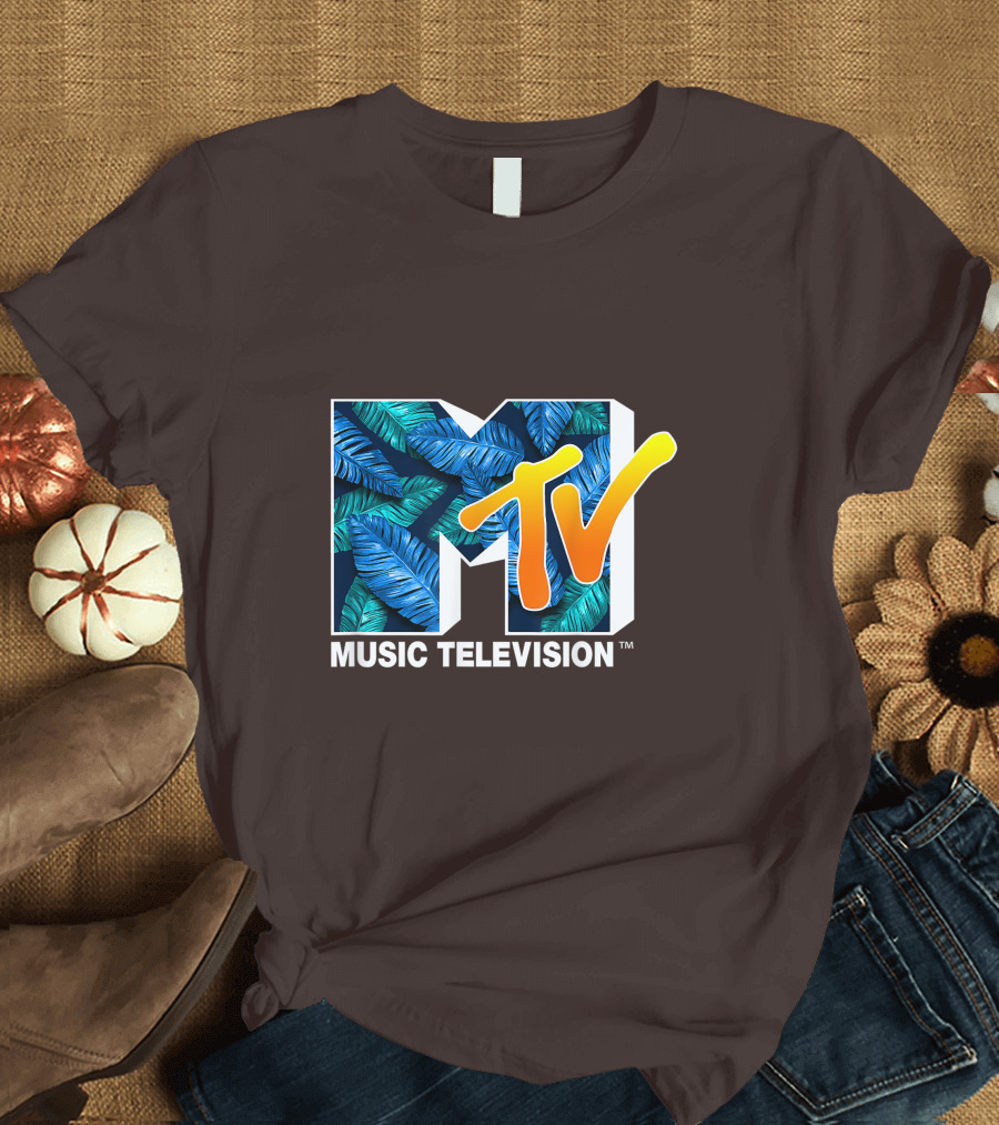 MTV Music Television Blue Green Tropical Leaf Fill T-Shirt