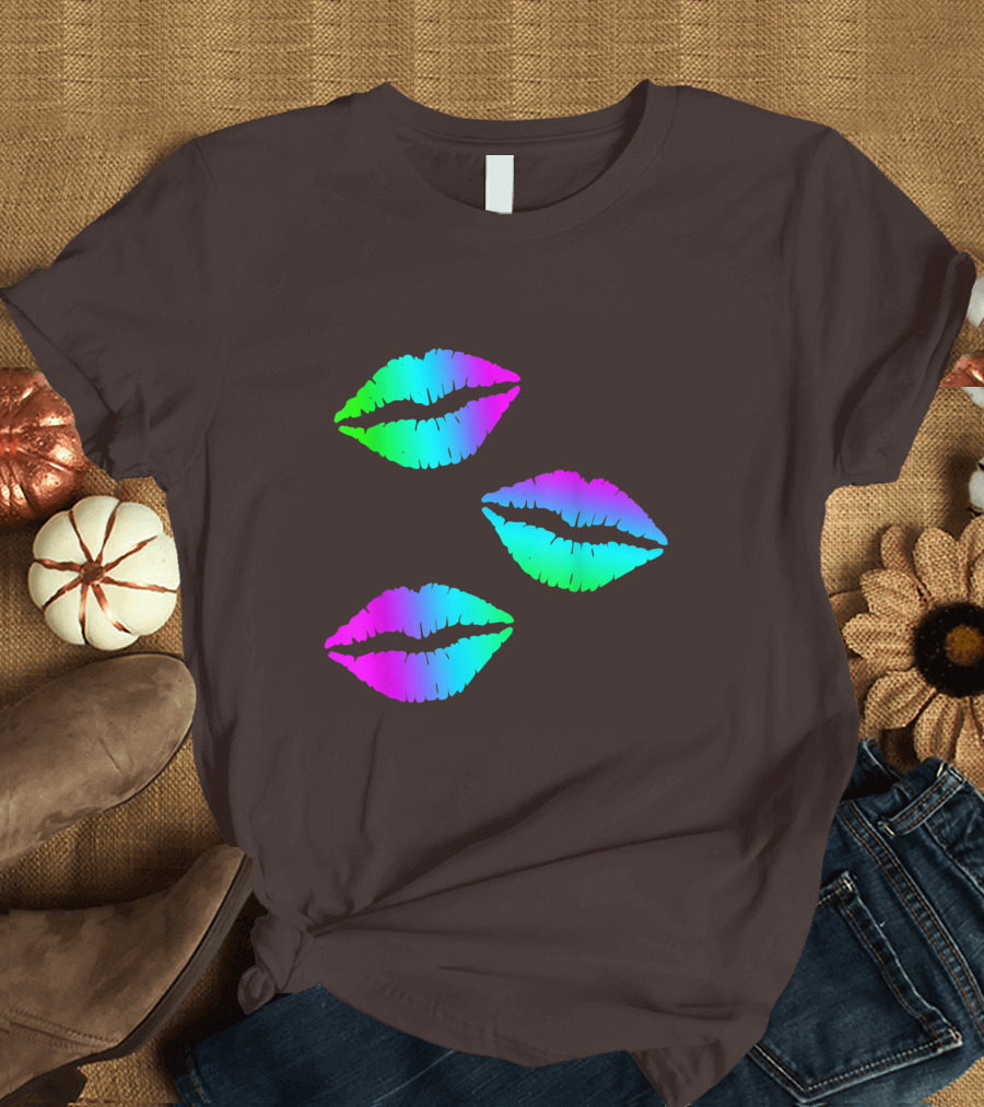 Funky Bright Neon Colours 80s Lipstick Rainbow Kiss Prints T-Shirt