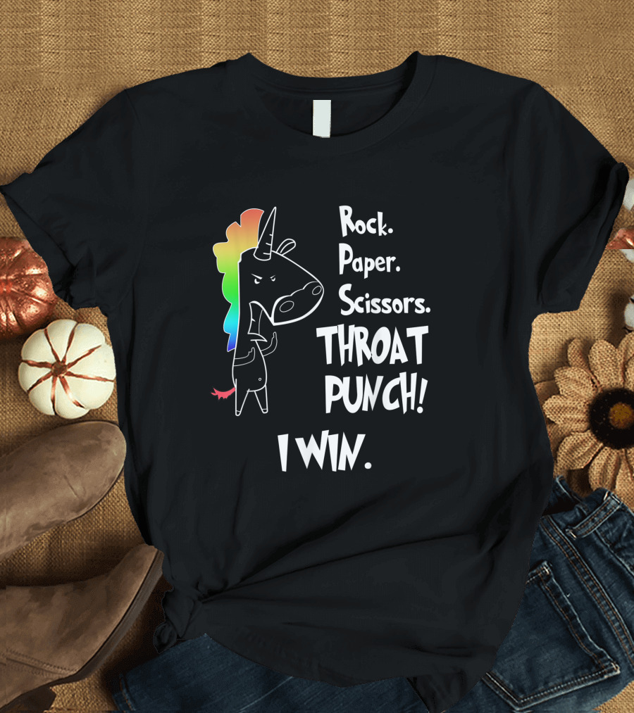 Rock Paper Scissors Throat Punch I Win Angry Rainbow Unicorn T-Shirt