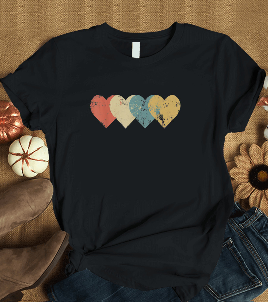 Vintage Hearts Distressed Red Yellow Blue Teal T-Shirt