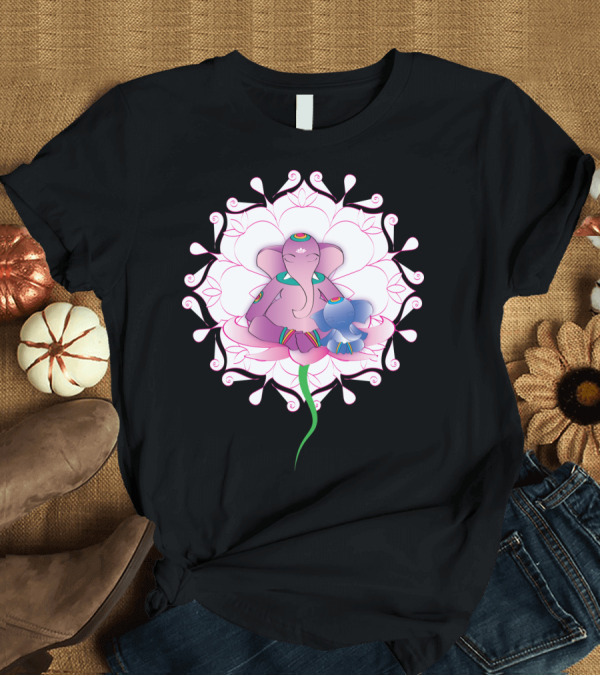T-Shirt: Ganesh Meditation with Lotus Flower Motif T-Shirt Ganesh Meditation with Lotus Flower Motif T-Shirt