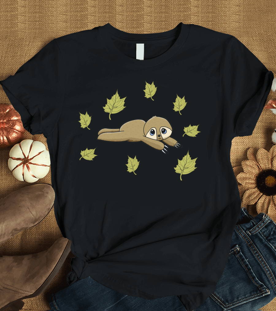 Sloth Surrounded by Falling Leaves Lazy Slothy Days T-Shirt