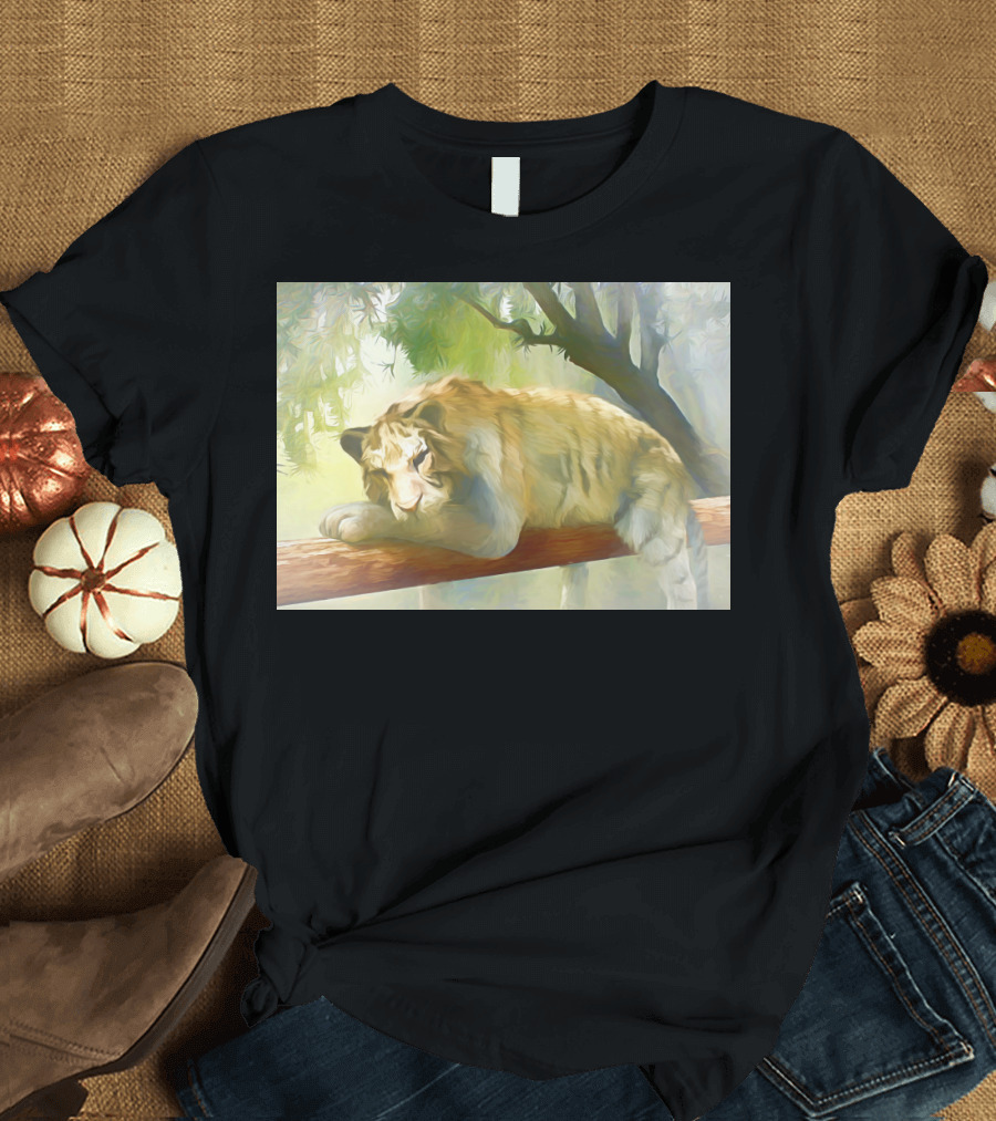 Chilling Tiger Resting on a Tree Branch in a Serene Forest Setting T-Shirt