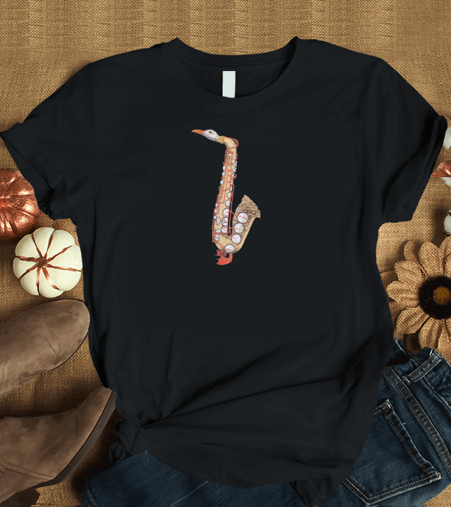 Whimsical Duck Saxophone Creature in Vibrant Orange and Gold T-Shirt