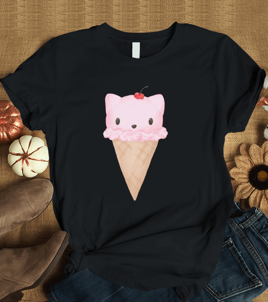 Cat Cream Cone with Cherry Topped Kitty Face T-Shirt