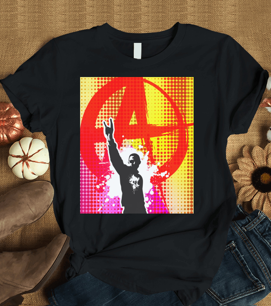 Punk Anarchy Symbol with Raised Hand Gesture and Vibrant Dot Background T-Shirt