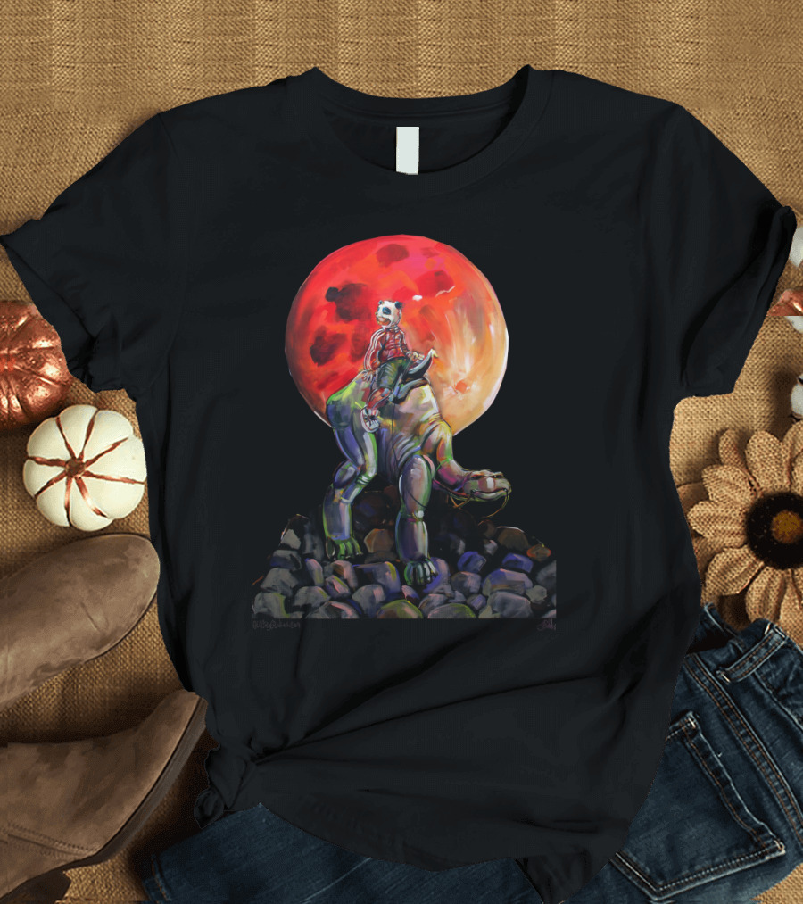Pandaboi Riding Dinosaur Under Blood Moon T-Shirt