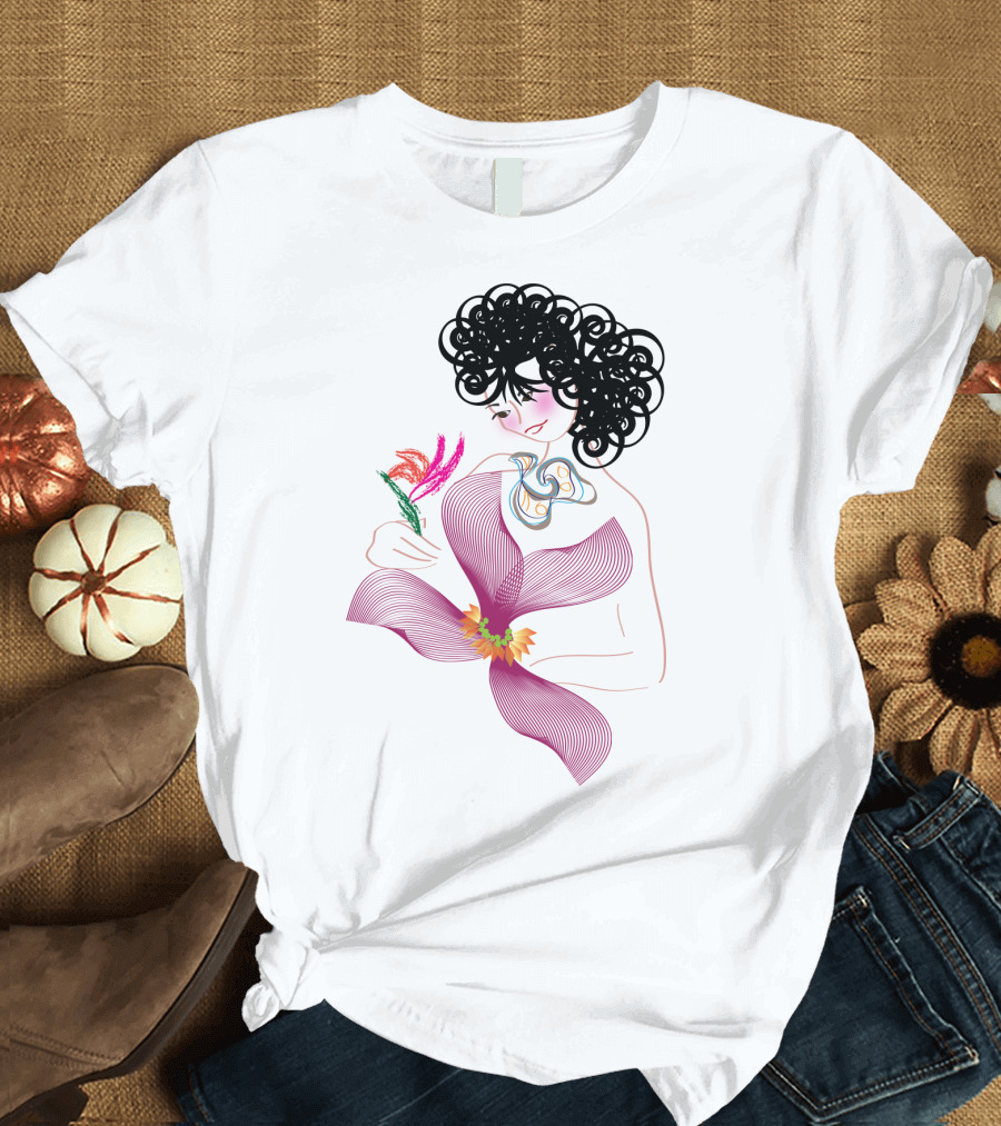A Bird in the Hand with Flower and Abstract Curly-Tailed T-Shirt