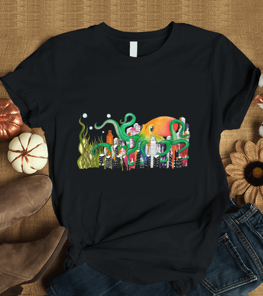 Colorful Octopus Invading Austin Skyline Urban T-Shirt