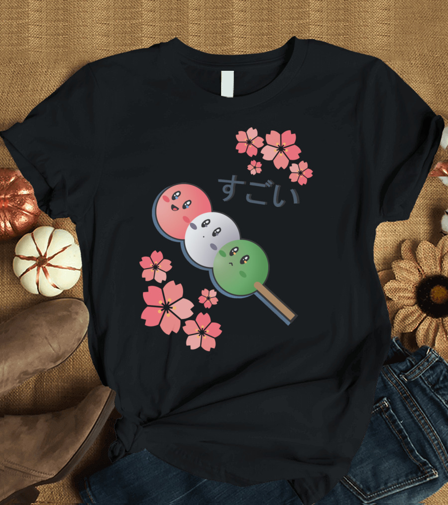 Kirby Dango Trio with Sakura Blossoms and Sugoi Text T-Shirt