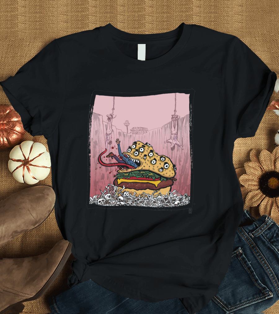 Human-Eating Monster Burger with Eyeballs and Skeletons in a Darkly Humorous Junk Food Fantasy Scene T-Shirt