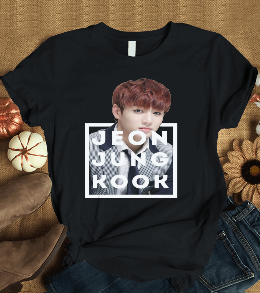 BTS Jeon Jung Kook Portrait Photo in White Text Box T-Shirt