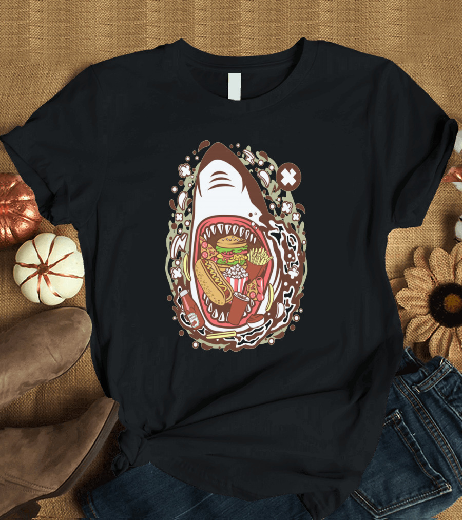 Shark Devours Burger Hot Dog Fries Junk Food Cartoon T-Shirt