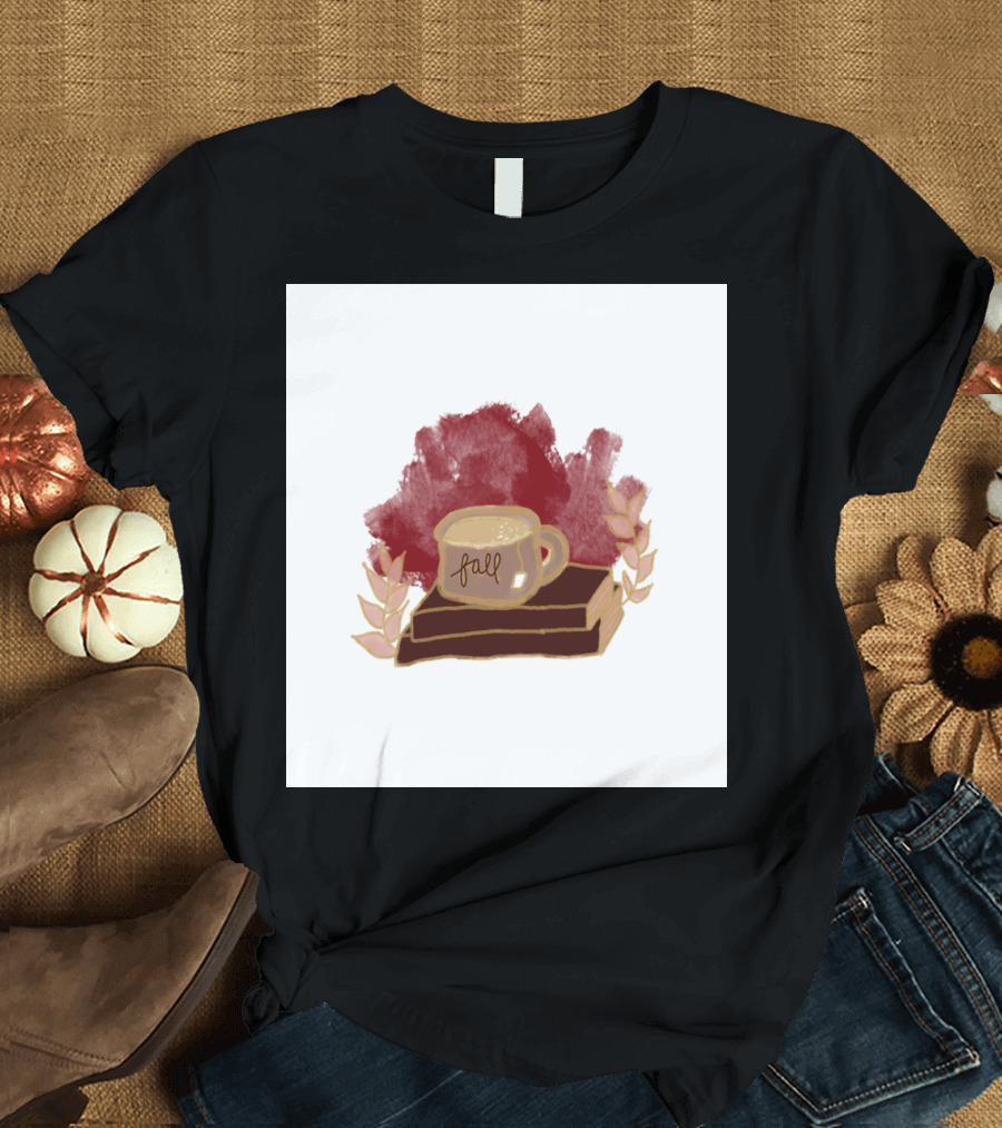 Cozy Coffee and Books Autumn Aesthetic with Fall Leaves T-Shirt