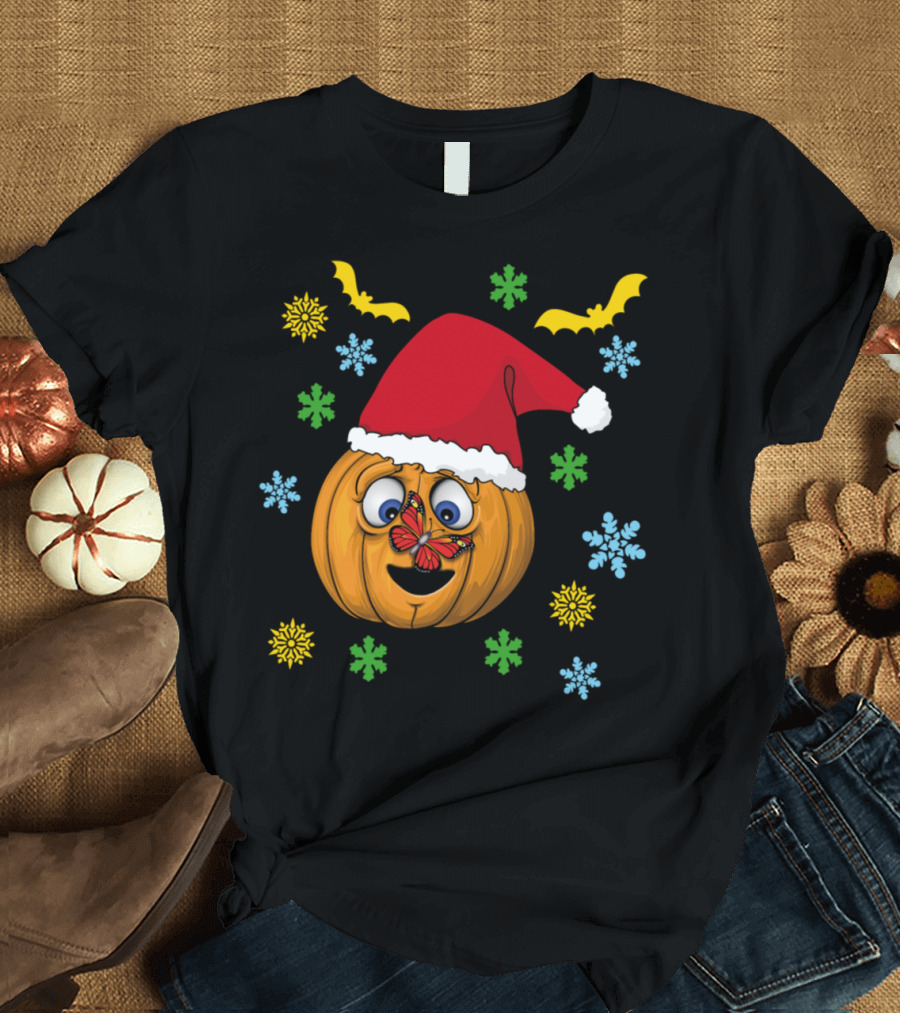 Halloween Christmas Pumpkin With Santa Hat Snowflakes and Bats T-Shirt