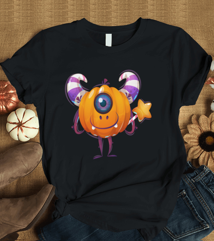 Whimsical Halloween Pumpkin Cyclops Monster with Magical Star Wand T-Shirt