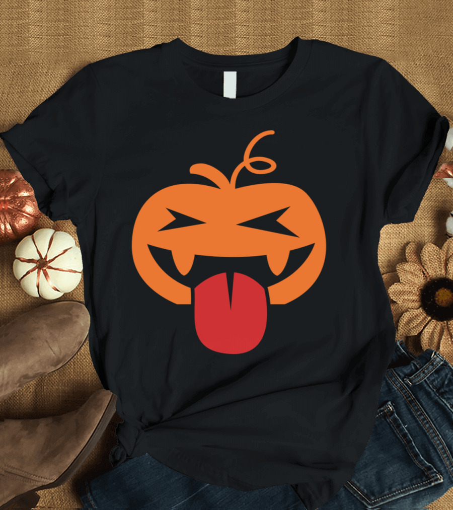 Halloween Crazy Tongue Lickin Pumpkin Face with Bold Expression T-Shirt
