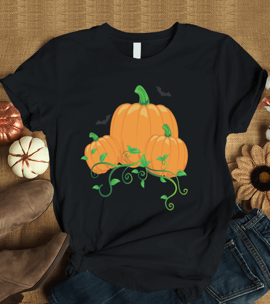 Trio of Pumpkins with Green Vines and Subtle Bat Accents T-Shirt