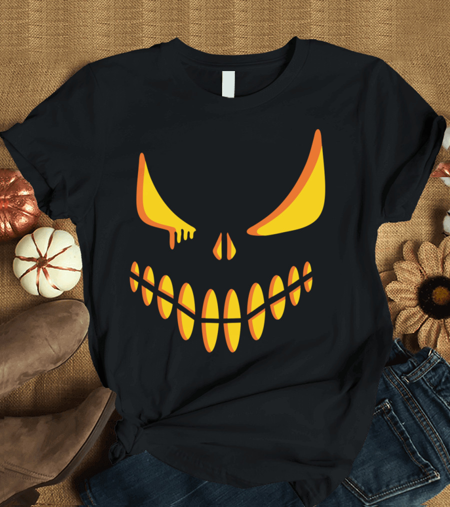 Evil Grinning Pumpkin Face with Glowing Yellow Eyes and Sharp Teeth T-Shirt