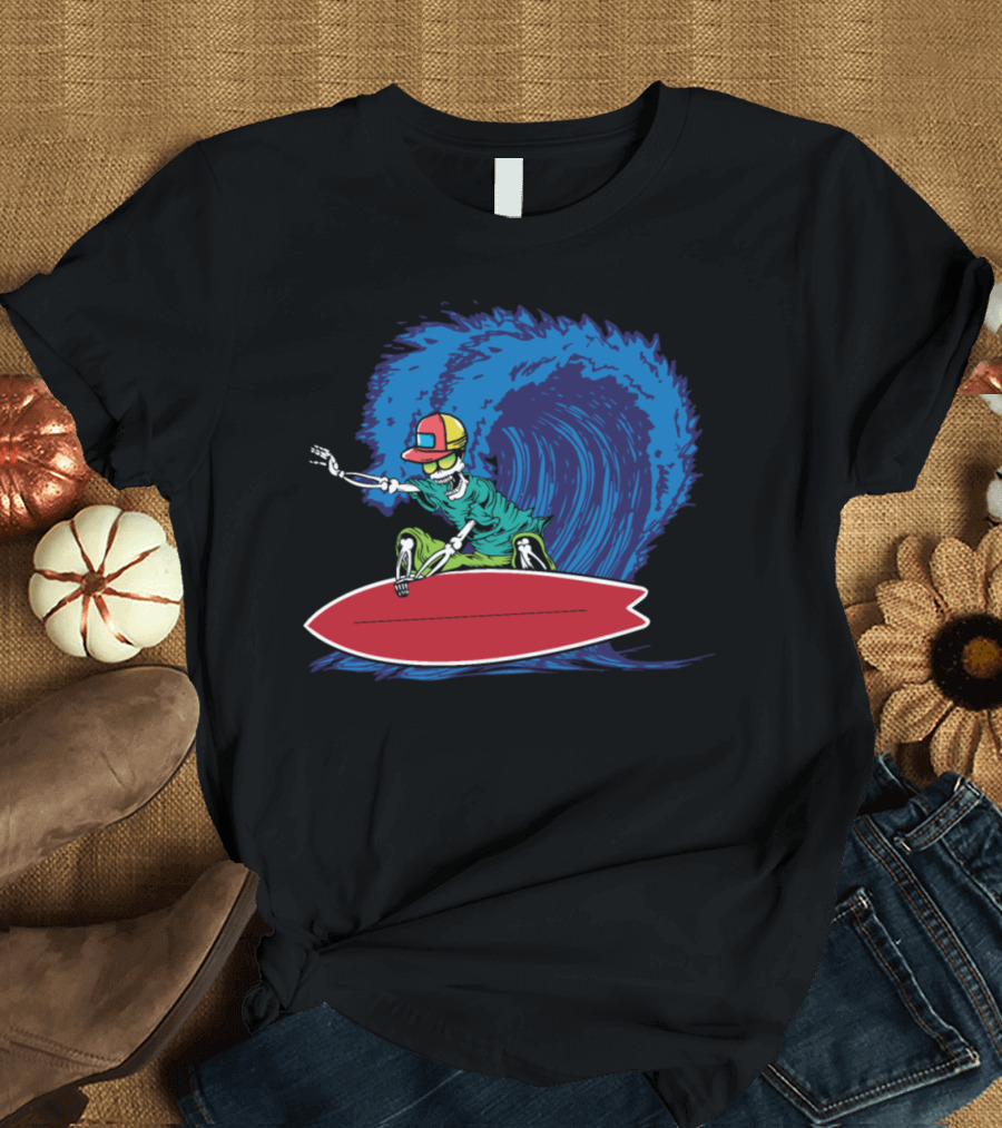 Surfing Skeleton Riding Waves on Red Surfboard T-Shirt