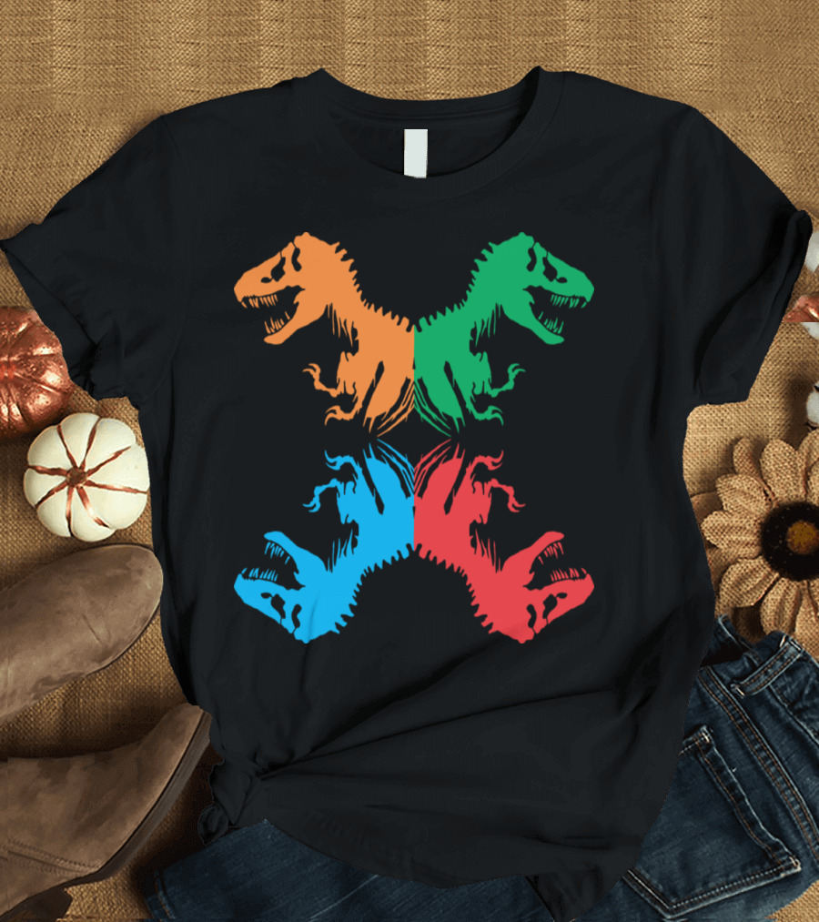 Multicolor Dinosaur Skeleton Pop Art Quadrant T-Shirt