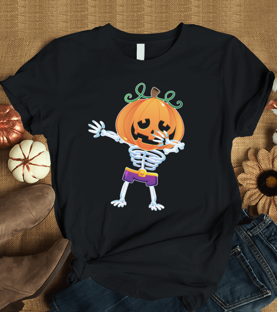 Halloween Skeleton Dabbing Pumpkin Head T-Shirt