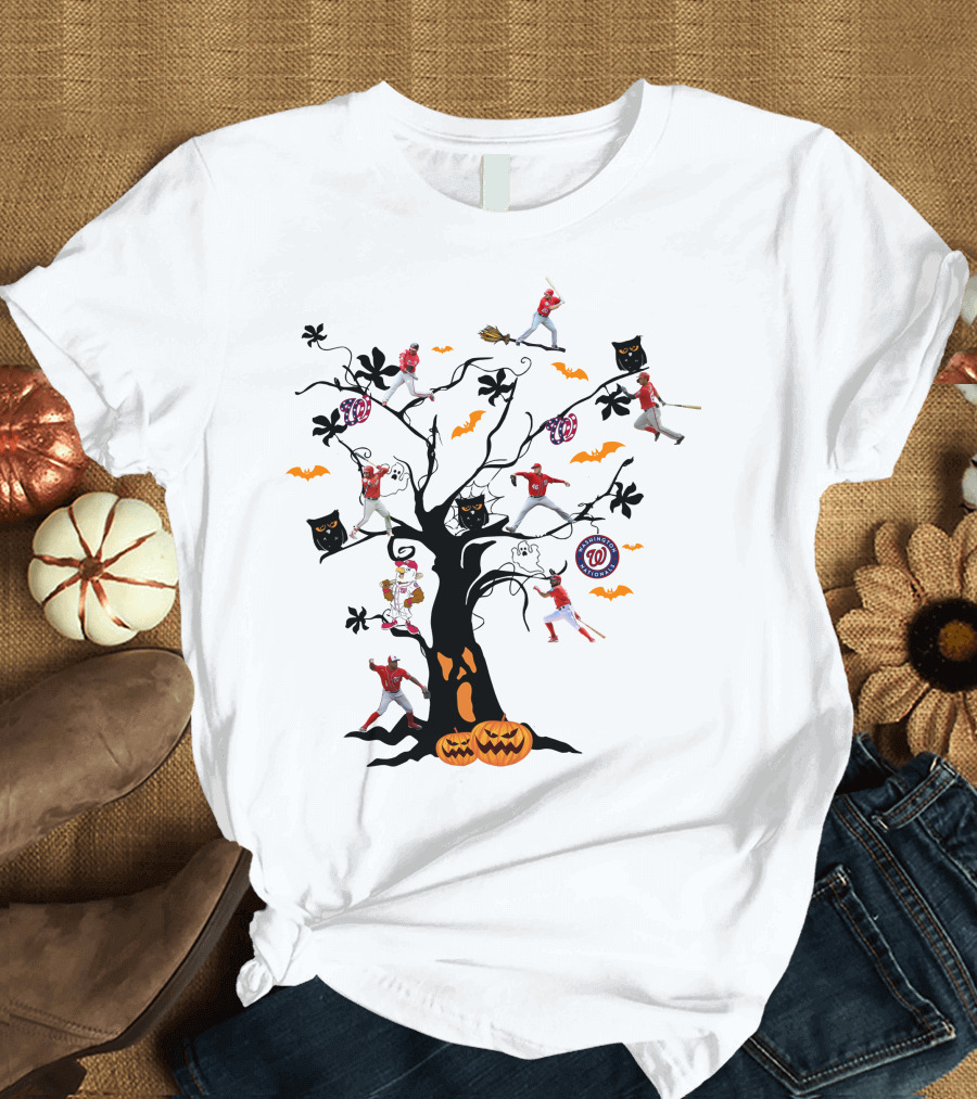 Washington Nationals Halloween Baseball Spooky Tree With Pumpkins And Bats T-Shirt