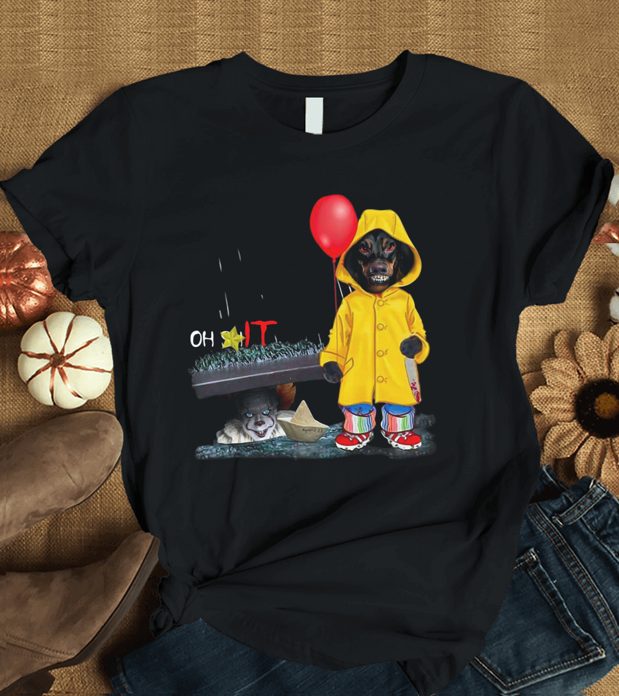 DachshundDs Oh IT with Creepy Clown and Red Balloon in Yellow Raincoat T-Shirt