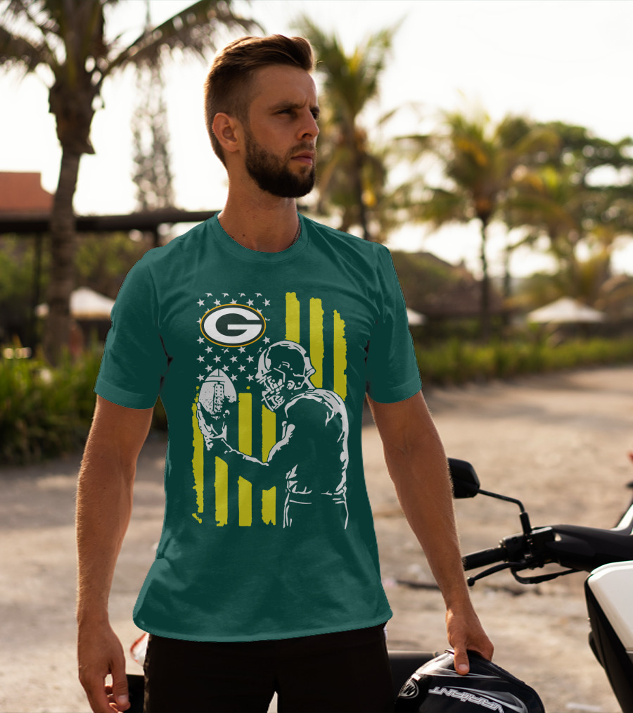Green Bay Packers Logo And Football Player With American Flag T-Shirt