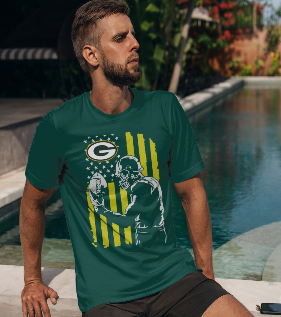 Green Bay Packers Logo And Football Player With American Flag T-Shirt