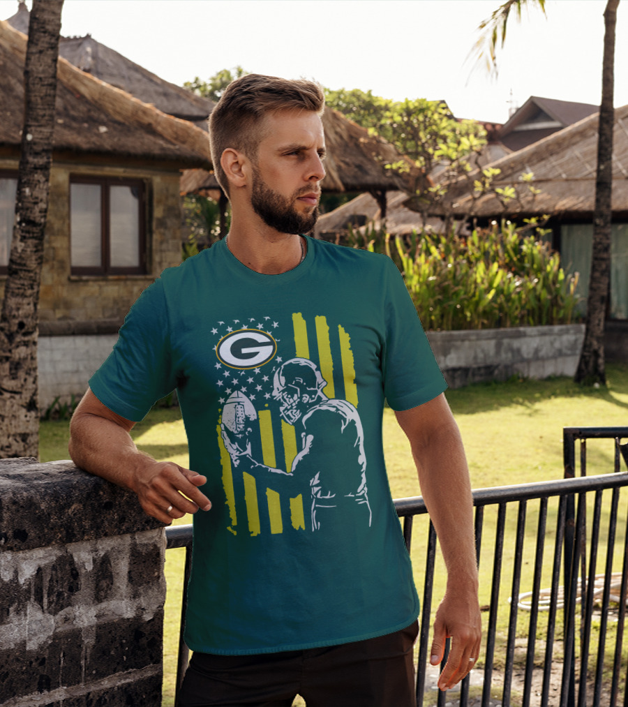 Green Bay Packers Logo And Football Player With American Flag T-Shirt