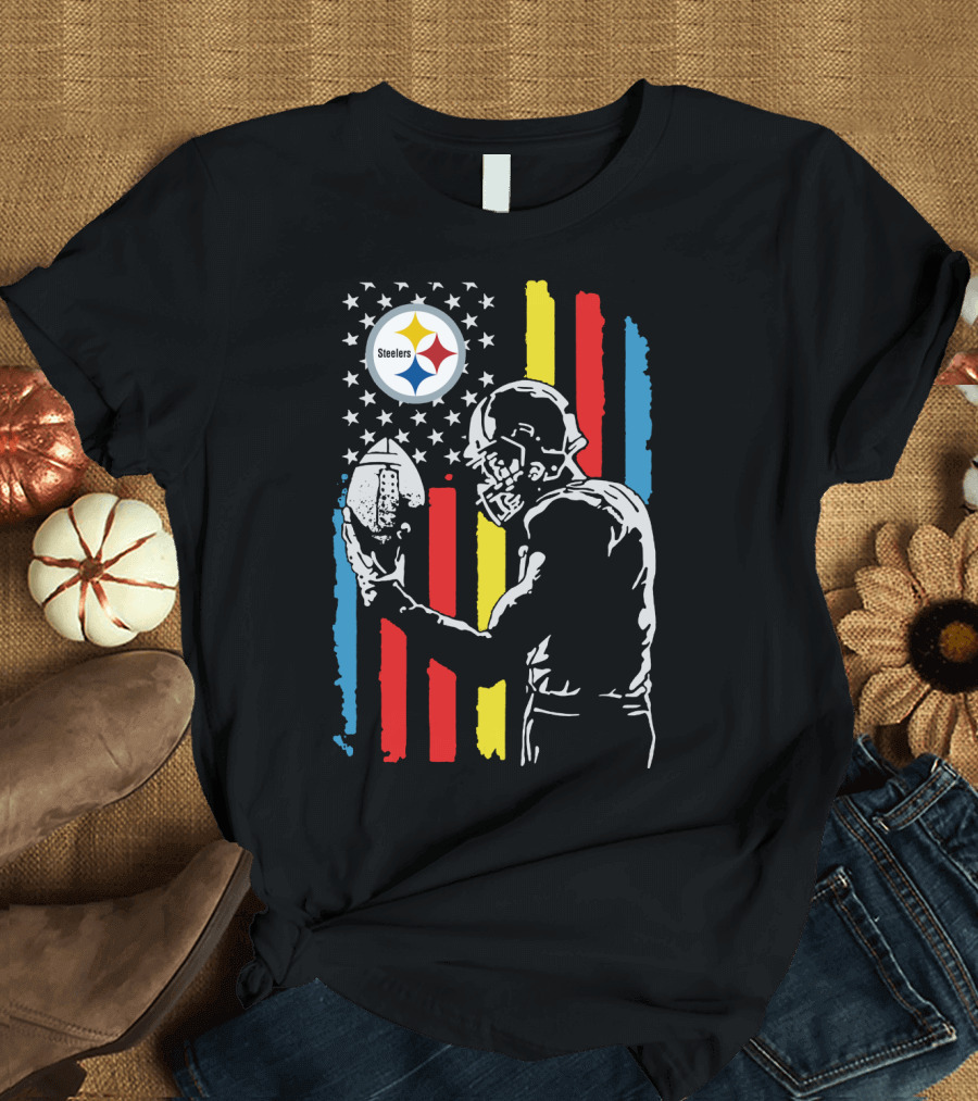 Pittsburgh Steelers American Flag Football Player Silhouette T-Shirt