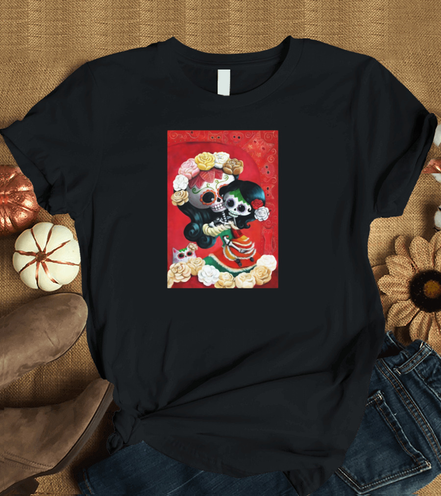 Mother and Daughter Day of the Dead Skeletons with Colorful Floral Details T-Shirt