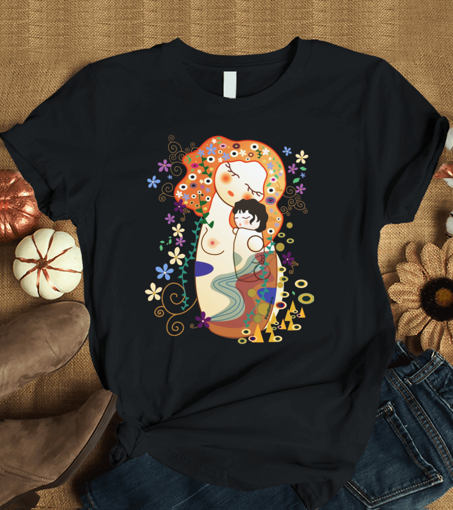 Kokeshi Mother and Child Klimt-Style Floral Artistic T-Shirt