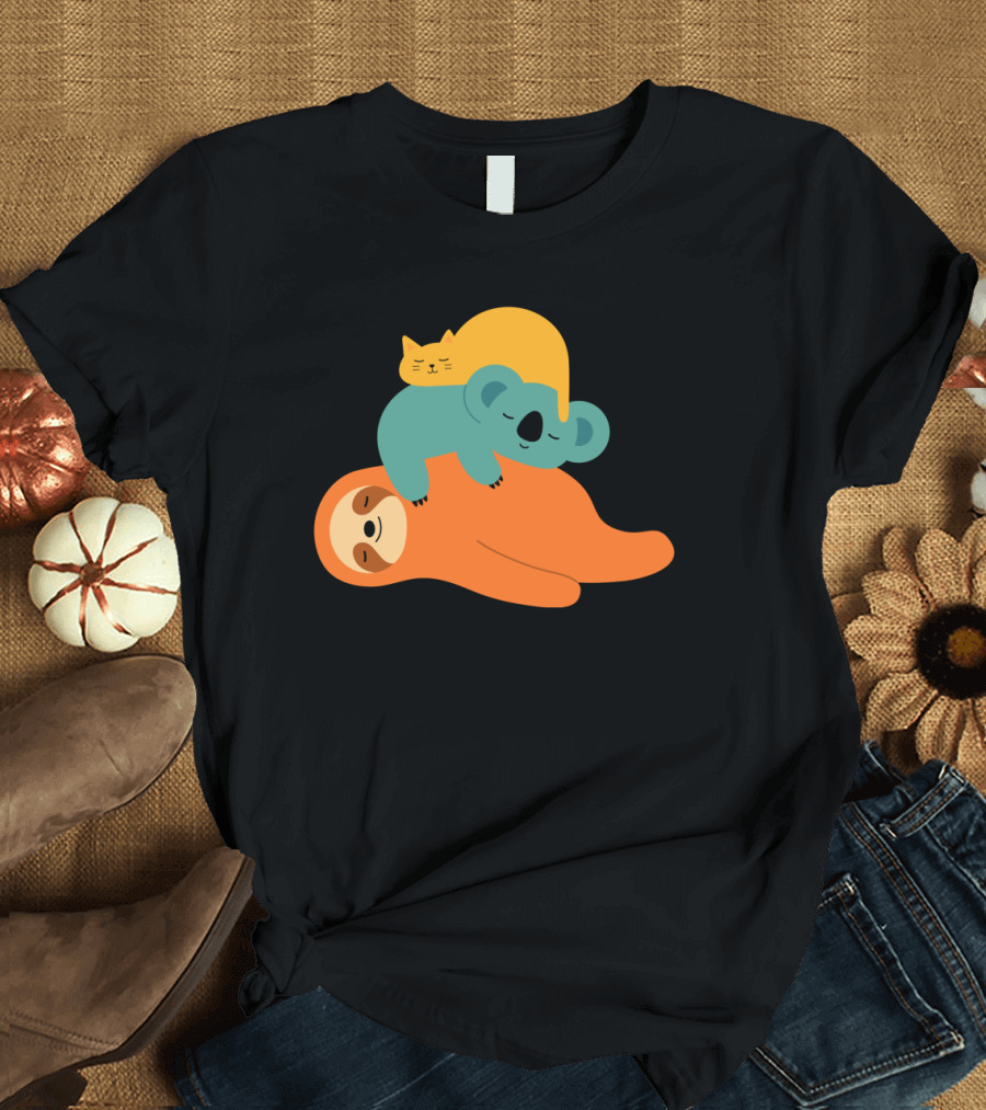 Lazy Animal Pile: Sloth, Koala, and Cat Sleeping Stack T-Shirt