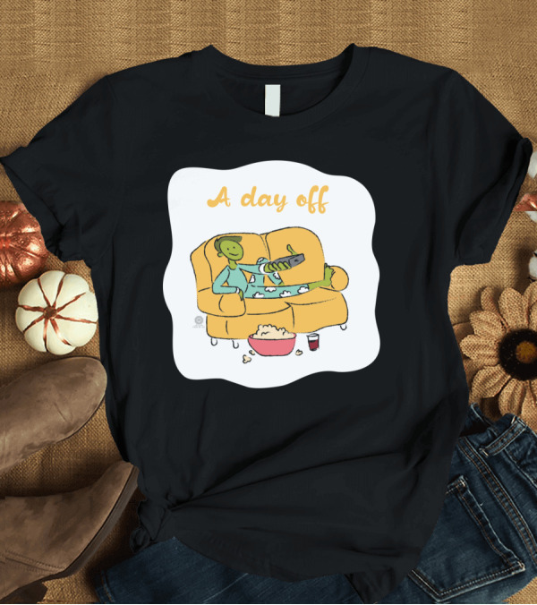 T-Shirt: A Day Off Relaxing Cartoon Character Couch Remote Popcorn Spill T-Shirt A Day Off Relaxing Cartoon Character Couch Remote Popcorn Spill T-Shirt