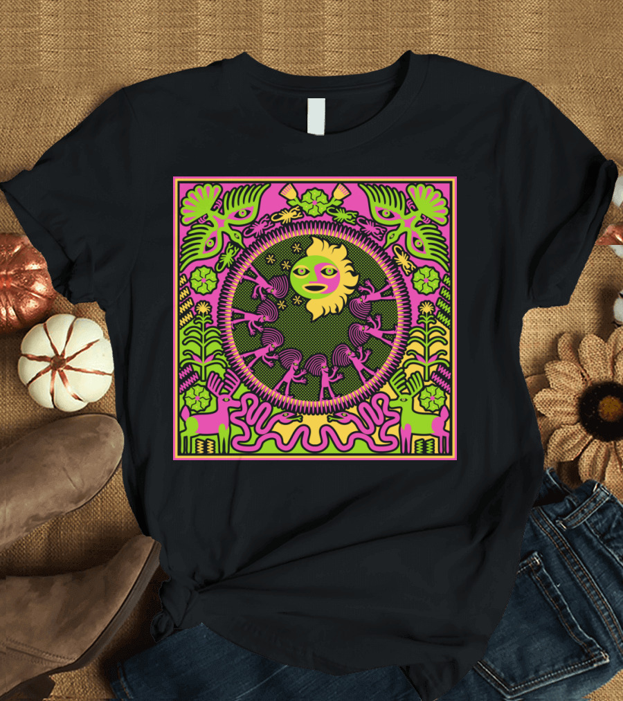 Pilgrimage to the Sun Cosmic Dance with Psychedelic Floral and Animal Motifs T-Shirt
