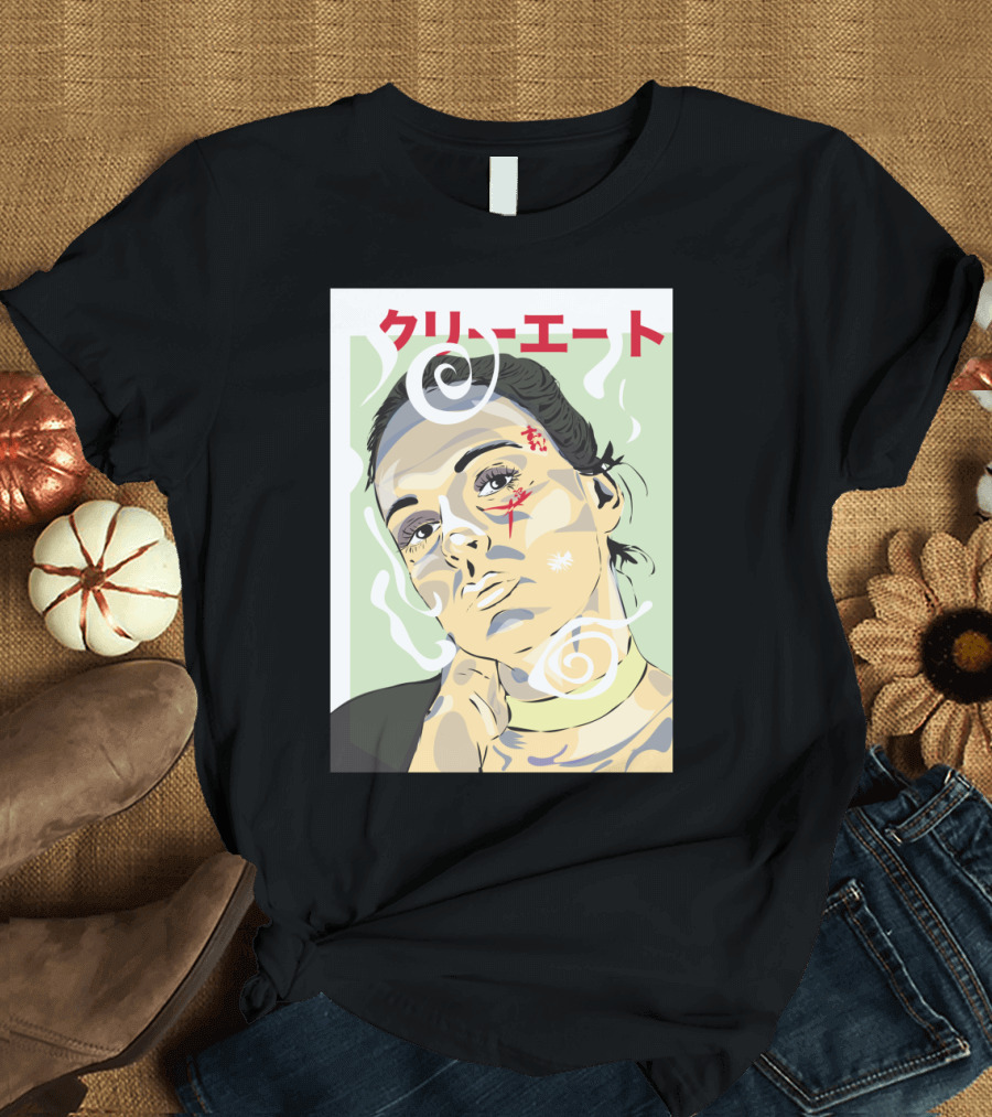 Faux Mag Japanese Text Stylized Portrait with Spiral Elements T-Shirt