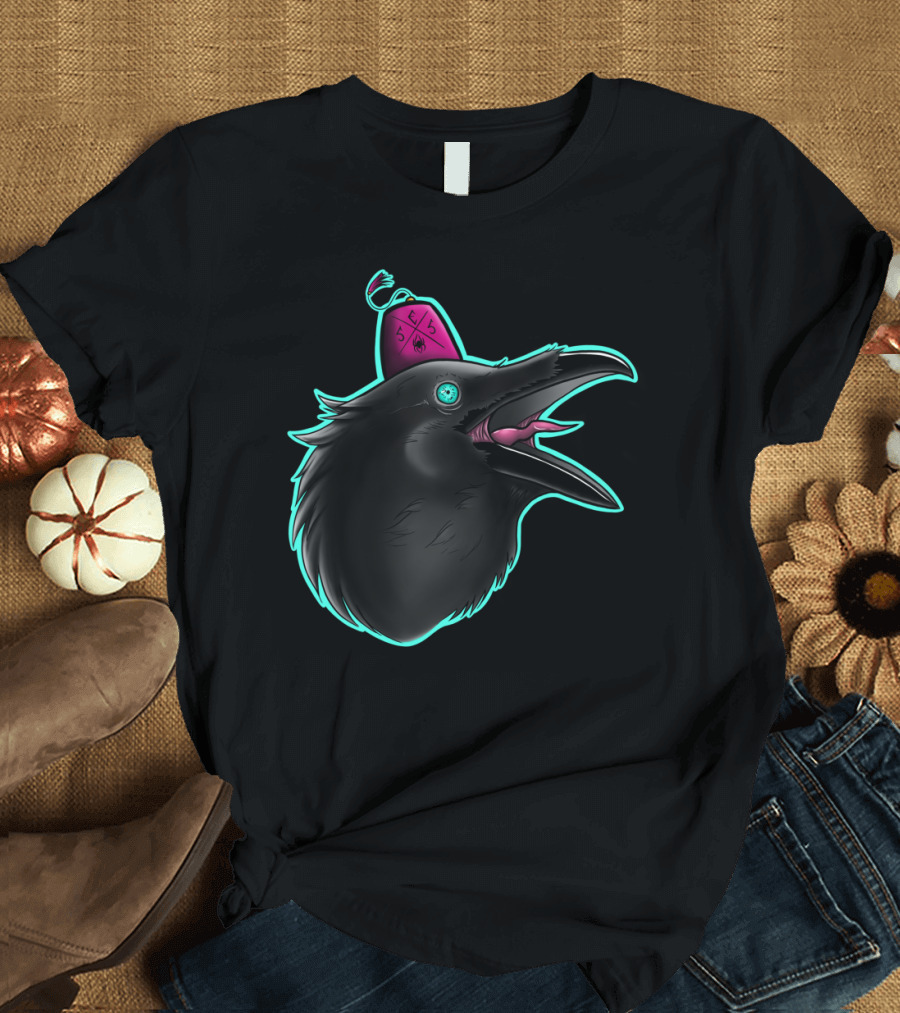 Raven with Pink Beanie Hat and Fools Text in Black and Teal Neon T-Shirt