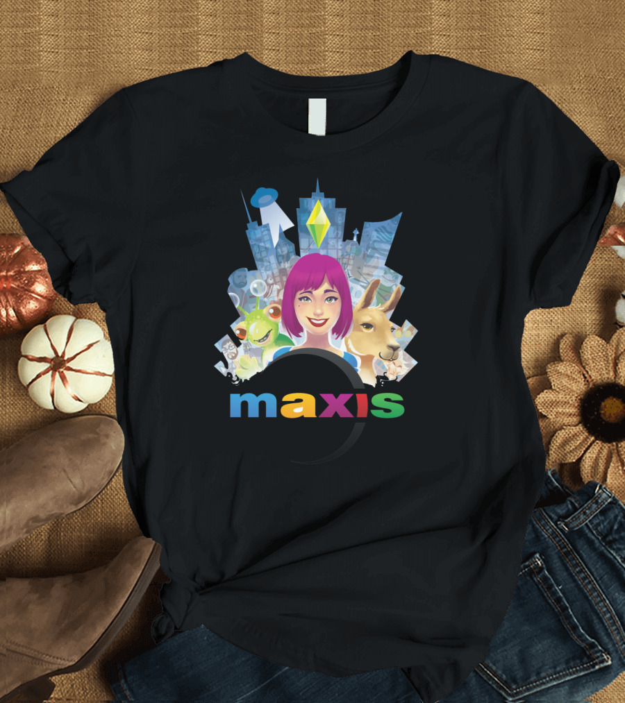 Maxis Plumbob Icon with Colorful Characters and Cityscape T-Shirt